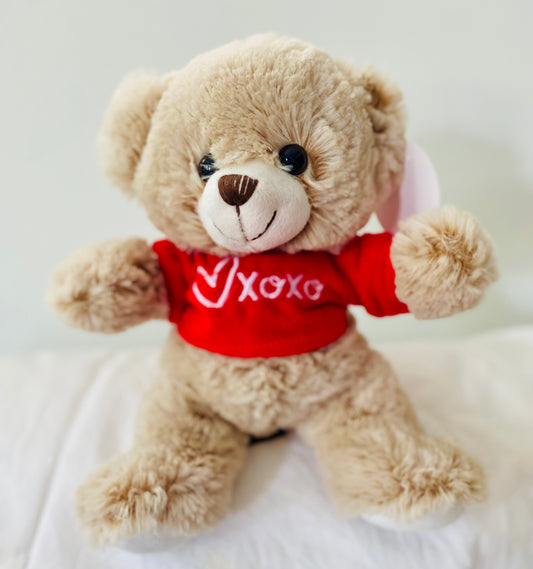 Soft beige plush teddy bear wearing a bright red shirt, approx. 20cm tall.