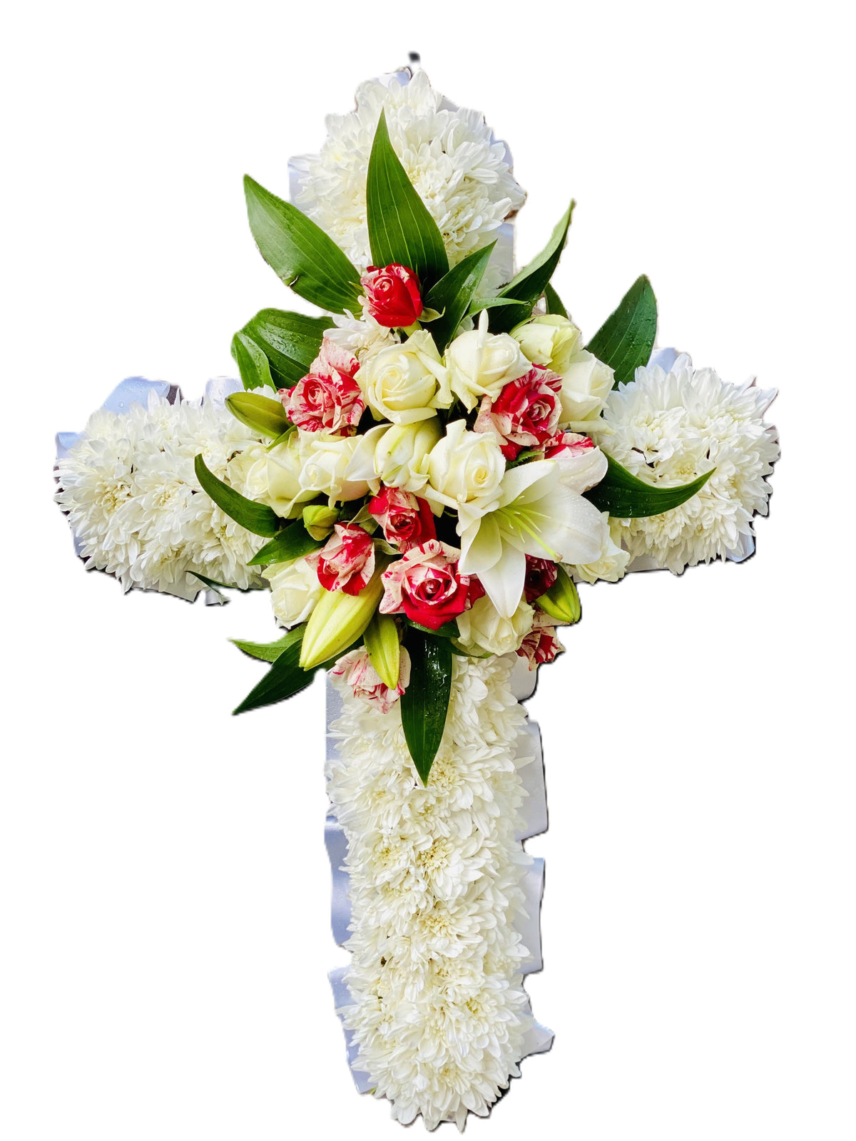 Harmony Tribute Cross featuring fresh white blooms arranged in a floral cross design with soft greenery accents, approx. 95cm high.