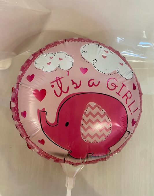 Round ‘It’s a Girl’ foil balloon featuring a cute pink elephant design, approx. 22cm in diameter