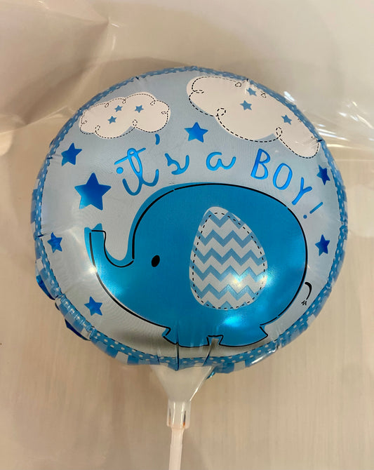 Round ‘It’s a Boy’ foil balloon featuring a cute blue elephant design, approx. 22cm in diameter.