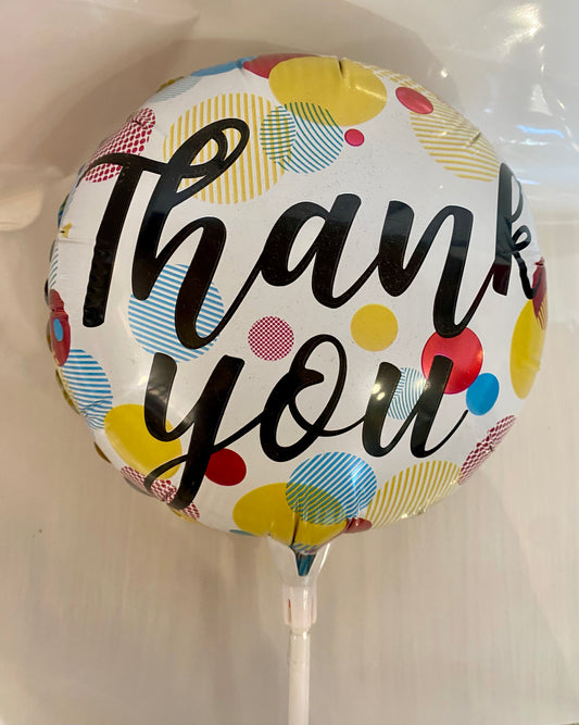 Round ‘Thank You’ foil balloon featuring a colourful decorative design, approx. 22cm in diameter.