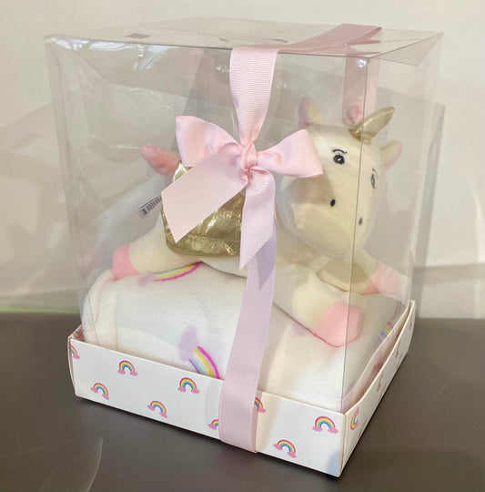 Pink unicorn soft toy paired with a cosy pink baby blanket, presented as a sweet newborn gift pack