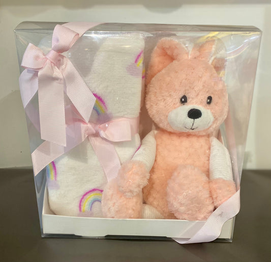 Peach bunny soft toy with matching peach baby blanket, presented as a cosy newborn gift pack