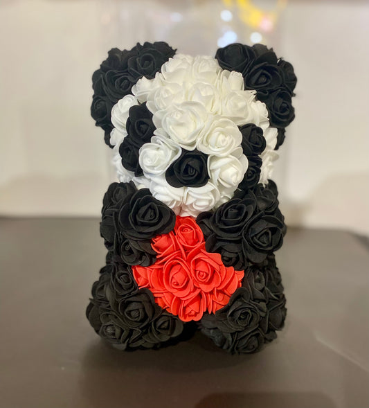 Artificial rose panda bear, 25cm tall, crafted from soft rose buds with a cute black‑and‑white panda design as a long‑lasting keepsake gift