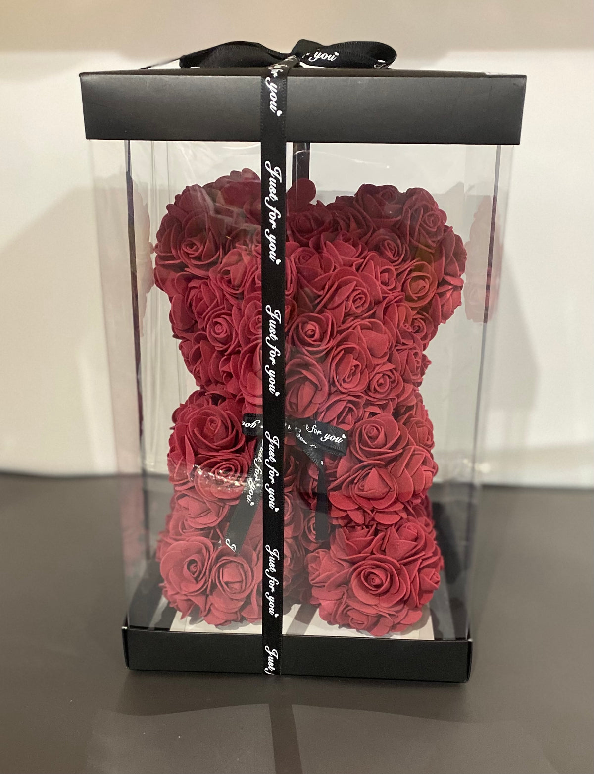 Burgundy rose bear in clear display box, 25cm, presented as a premium keepsake gift