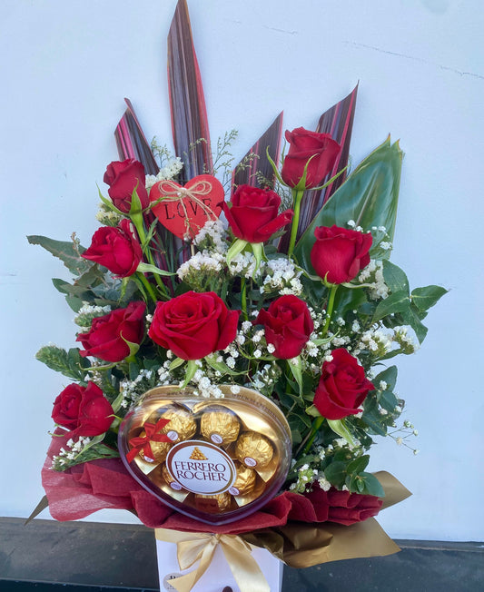 Rose & Ferrero Rocher Heart Chocolate Box featuring fresh red roses paired with Ferrero Rocher heart chocolates in a beautifully presented gift box.