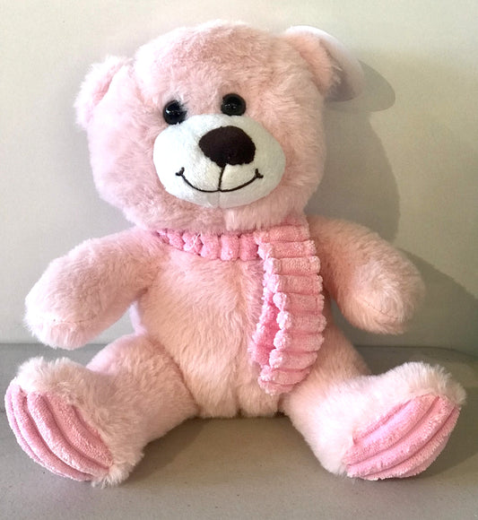 Pink plush teddy bear with a cosy scarf, 24cm tall, presented as a cute keepsake gift